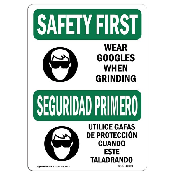 Signmission OSHA Sign, Wear Goggles When Grinding Bilingual, 10in X 7in Rigid Plastic, 10" W, 7" H, Landscape OS-SF-P-710-L-10890 - main